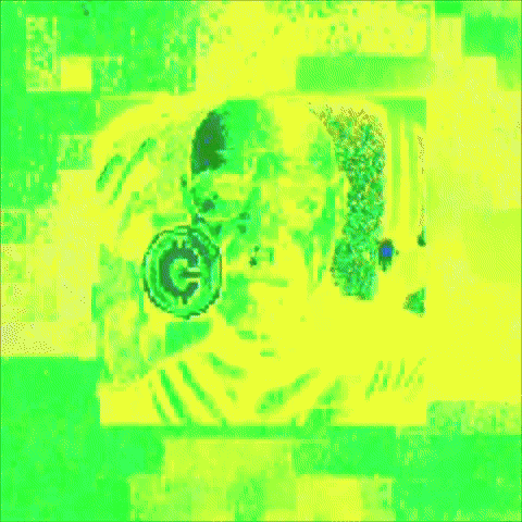 a green and red image of a man with a clock on his head