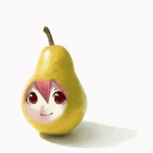 a pear with a girl 's face on it on a white background .