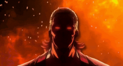 a silhouette of a man with glowing red eyes in front of a fire background