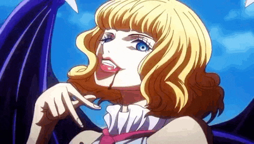 a woman with blonde hair and blue eyes is wearing a vampire costume with wings .
