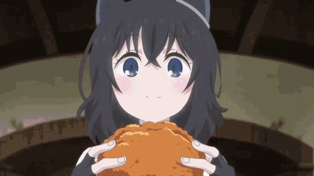 a girl with blue eyes is holding a large piece of food
