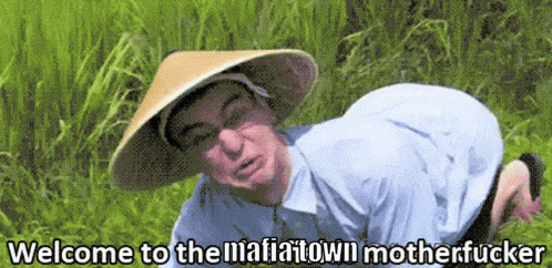 a man wearing a conical hat is kneeling in the grass with the words welcome to the mafia town motherfucker written below him