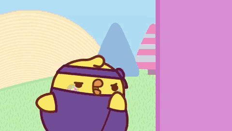 a cartoon of a chicken wearing a headband and a purple scarf