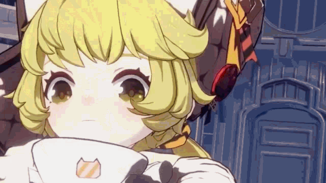 a close up of a cartoon character with a cat ear