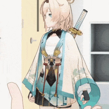 a girl with a sword on her shoulder stands in front of a door