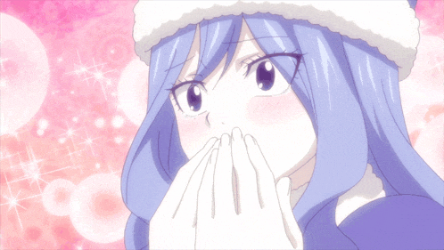 a girl with purple hair and a white hat covering her mouth with her hands