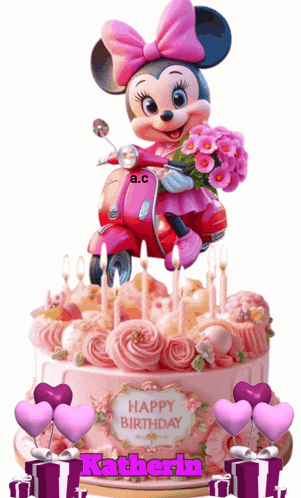 a birthday cake with minnie mouse on a scooter