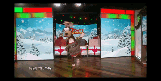 a dog in a reindeer costume is dancing in front of a sign that says 2 days until christmas