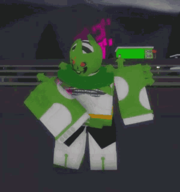 a green and white cartoon character with red eyes and a green background