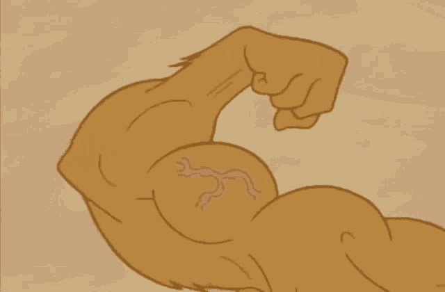 a cartoon drawing of a man flexing his arm with a lizard tattoo on it