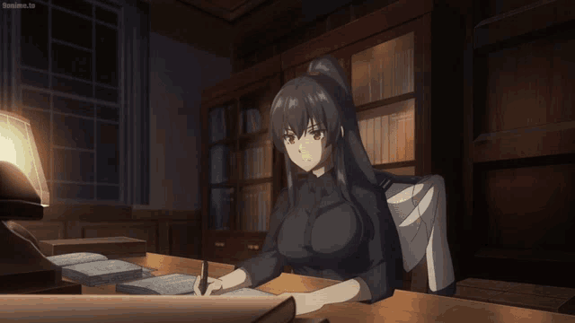 a woman sits at a desk with a pen in her hand and a sign that says sanime.tv in the corner