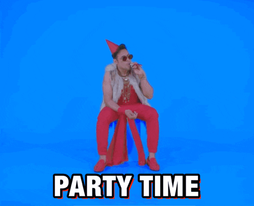 a man in a party hat is sitting on a blue chair with the words party time written on it