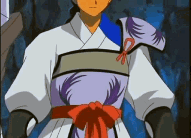 a cartoon character is wearing a purple and white kimono with a red belt .