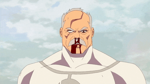 a cartoon character with blood coming out of his nose and a red glove