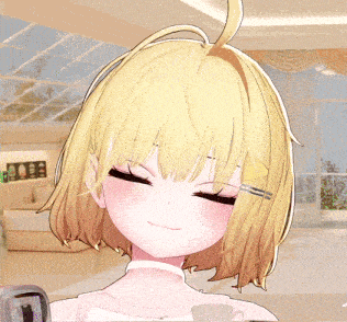 a girl with blonde hair is smiling in a room