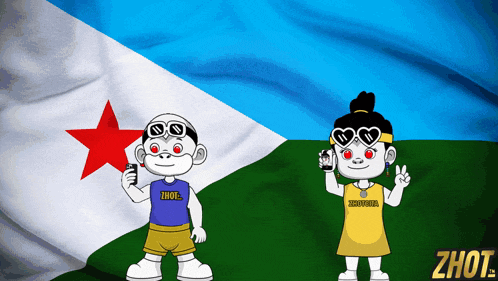 a boy and a girl standing in front of a zhot logo