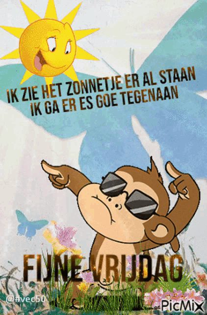 a picture of a monkey wearing sunglasses and the words fijne vrijdag on it