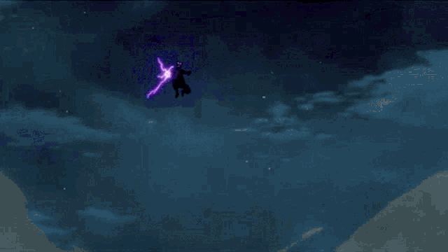 a man in a mask is surrounded by purple lightning and a purple lightning bolt .