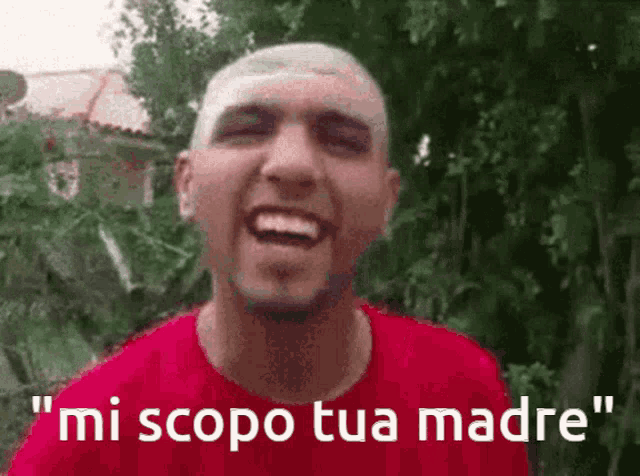 a man in a red shirt says " mi scopo tua madre " while smiling