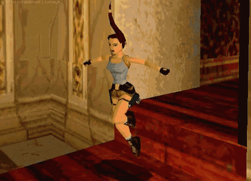 a screenshot of a tomb raider video game shows a woman jumping in the air