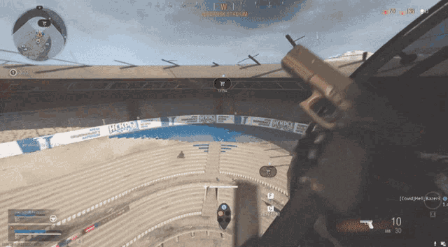 a screenshot of a video game shows a person holding a gun