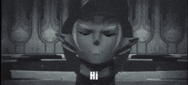 a black and white photo of a person standing in a dark room with the words `` hi '' on the bottom .