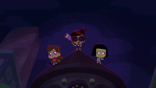three cartoon characters are standing next to each other and one has a star on her shirt