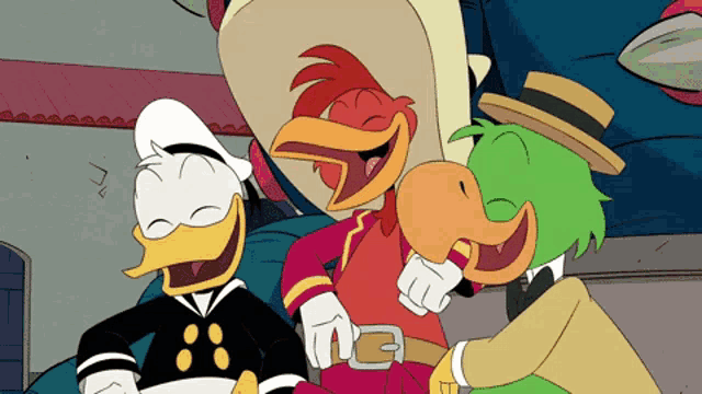 a group of cartoon characters are laughing and one of them has a belt with a buckle on it