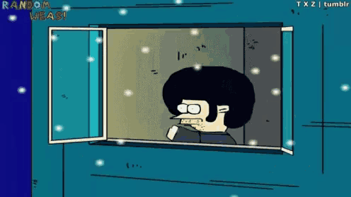 a cartoon of a man looking out a window with random weas