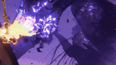 a purple background with a fire coming out of a hole