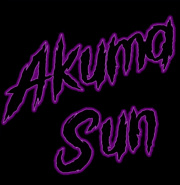 the word akuma sun is written in purple letters on a black background