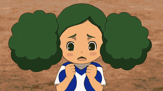 a cartoon of a girl with green hair and a blue and white shirt that says tv tokyo on the bottom
