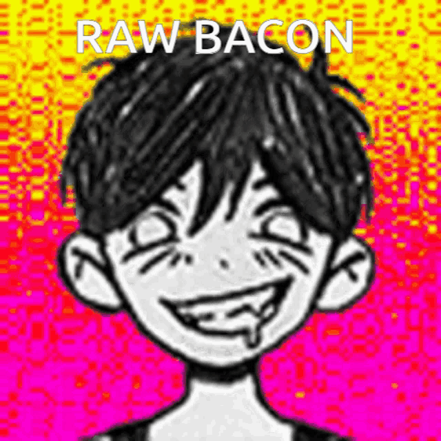 a black and white drawing of a boy with the words raw bacon written above him