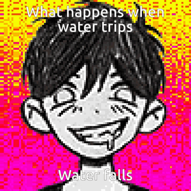 a pixel art of a boy with the words what happens when water trips water falls on it