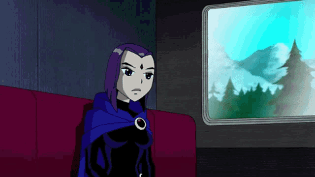 raven from teen titans is sitting on a red couch looking out a window