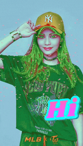 a girl with green hair wearing a new york yankees t-shirt