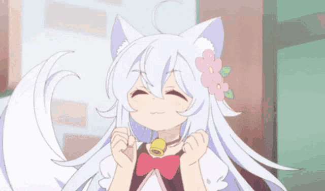 a cartoon girl with white hair and cat ears