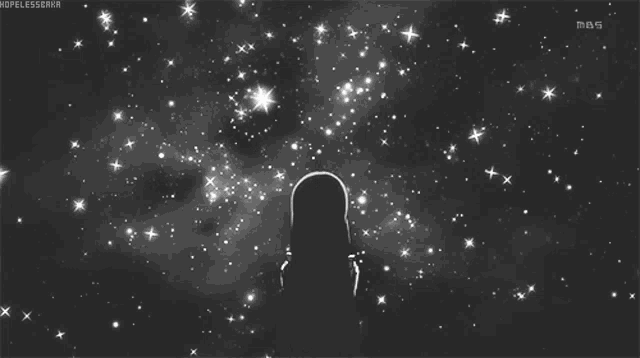 a black and white drawing of a person standing in the middle of a galaxy