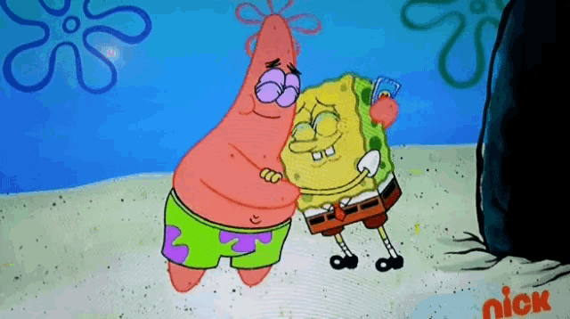a cartoon of spongebob and patrick hugging each other with a nick logo in the background