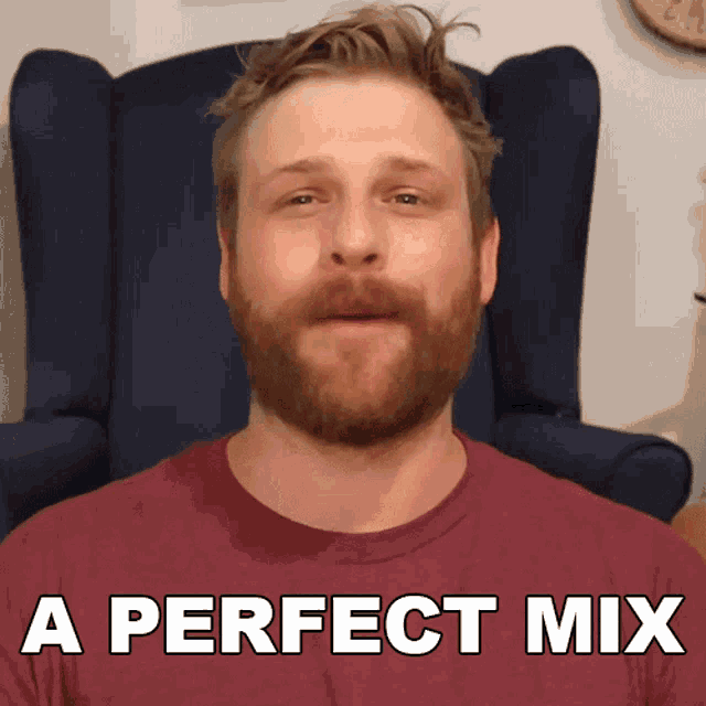 a man with a beard is sitting in a chair with the words " a perfect mix " above him