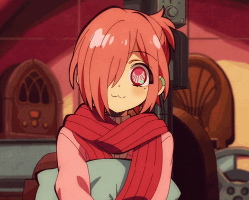 a girl with pink hair and a scarf around her neck