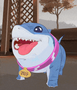 a cartoon shark with the name jeff on a tag