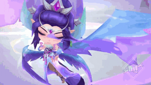 a purple and blue animated character with a purple crown on her head