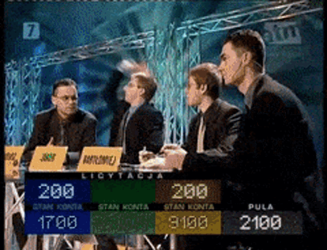 a group of men are sitting at a table with a scoreboard that says 200 on it