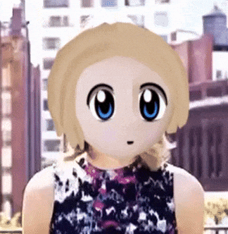 a woman with a cartoon face on her head