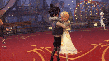 a man and a woman are dancing in front of a sign that says dicks ' racer