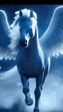 a white horse with wings is running in the dark