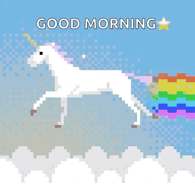 a pixel art of a unicorn with a rainbow tail and the words good morning on the bottom