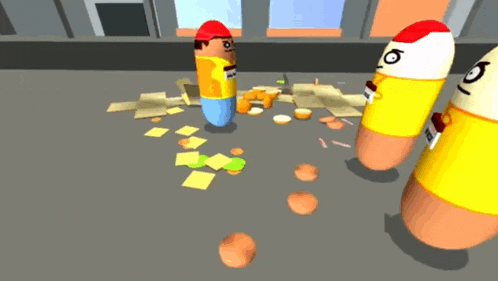 a cartoon character with a yellow shirt and a red hat is standing in a room with eggs on the floor