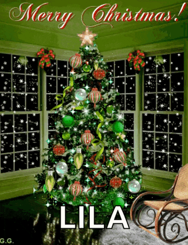 a christmas card with a christmas tree and the name lila